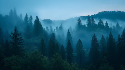 Moody panoramic view of a mist-filled conifer forest at blue hour. Layers of evergreen ridges fade into the distance through drifting fog