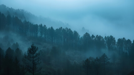 Moody panoramic view of a mist-filled conifer forest at blue hour. Layers of evergreen ridges fade into the distance through drifting fog