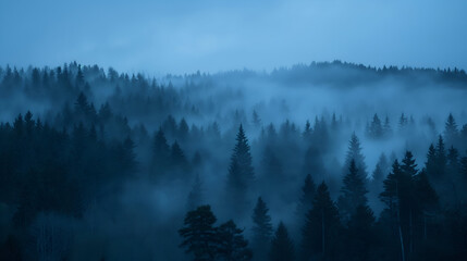 Moody panoramic view of a mist-filled conifer forest at blue hour. Layers of evergreen ridges fade into the distance through drifting fog