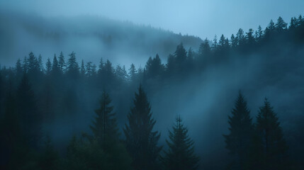 Moody panoramic view of a mist-filled conifer forest at blue hour. Layers of evergreen ridges fade into the distance through drifting fog