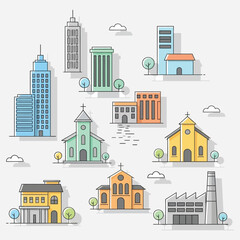 Naklejka premium Collection of Urban Buildings and Architectural Structures in a Flat Design Style
