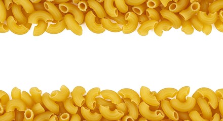 Elbow macaroni pasta arranged as border on white background for food concept