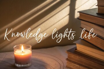 A candle illuminating stacked vintage books with quote