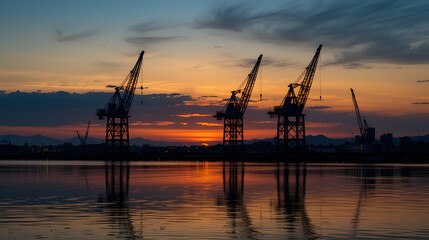 Obraz premium Three harbor cranes silhouetted against a vibrant sunset, reflecting in calm water, with distant city lights