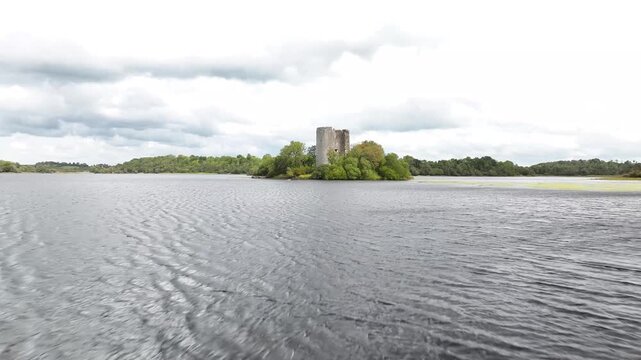 Cloughoughter Castle on small island, Drone over the water. Historical landmark, Ireland