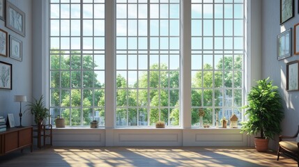 Fototapeta premium Sunlight Streaming Through Large Windows in a Bright Room