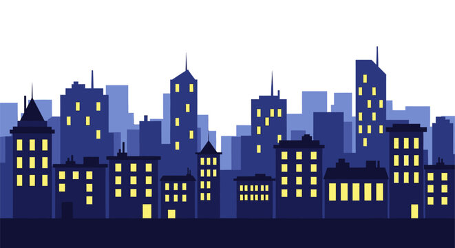 Cityscape at Night with Illuminated Windows.