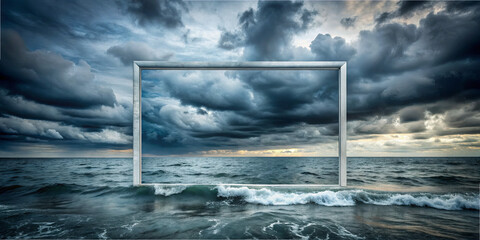 Dark clouds gather over the ocean, creating a striking backdrop for a frame standing in the water. Waves crash gently against the shore as evening light fades
