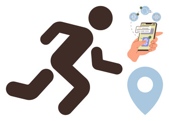 Human figure running, hand holding a smartphone displaying tracking data, blue map pin. Ideal for fitness, health, technology, GPS navigation, app development, sports goal setting simple flat