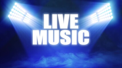Animated sports graphic with 'Live Music' text, with bright banks of floodlights shining dramatic volumetric light over a misty, atmospheric scene, in deep blue color palette - Powered by Adobe