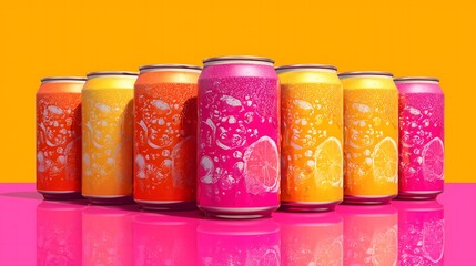 Lineup of Ten Retro Pop Art Soda Cans on Neon Gradient Background