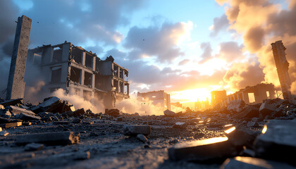 Devastated cityscape with destroyed buildings, smoke, and a dramatic sunset.