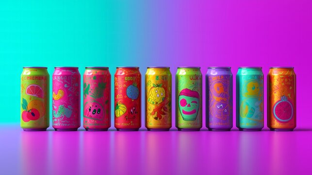 Lineup of Ten Retro Pop Art Soda Cans on Neon Gradient Background