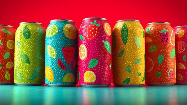 Lineup of Ten Retro Pop Art Soda Cans on Neon Gradient Background