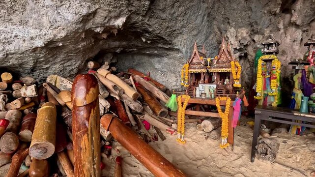 Panning left on a Hindu animist shrine decorated with offerings and phallic symbol called lingams in Phra Nang Cave or Princess Cave, showing the authentic local thai folklore. Krabi, Thailand