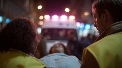 Obraz premium Night street urgency unfolds as diverse emergency responders navigate Dia de los Muertos chaos, moonlit rescue in neon glow