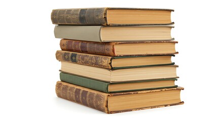 Stack of antique leather-bound books with aged pages on white background