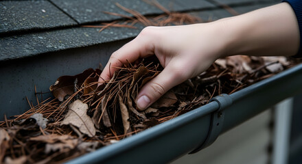 Close-up of a Gutter Worker Cleaning a Clogged Rain Gutter Filled with Autumn Leaves and Pine Needles