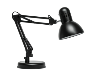 Black articulated desk lamp with a rounded shade, isolated on black background