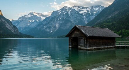 Scenic Austrian Lake with Boat House and Snow-Capped Mountain Landscape Serenity