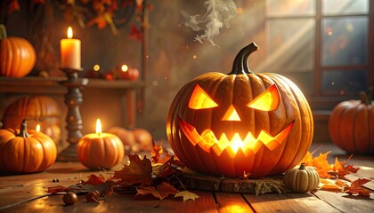 Carved Halloween pumpkin with glowing eyes jagged teeth and triangular nose illuminated from within against dark smoky background for editorial holiday photography spooky decoration and autumn celebra