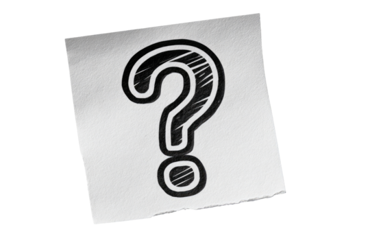 White sticky note with a hand-drawn question mark