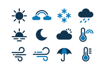 Obraz premium Weather Icon Set – Black Vector Collection of 12 Symbols for Forecasting, Climate, and Seasonal Design