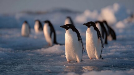 Adelie penguins waddle on twilight ice, embodying Antarctic cheer, celebrating World Penguin Day and the Festival of Ice