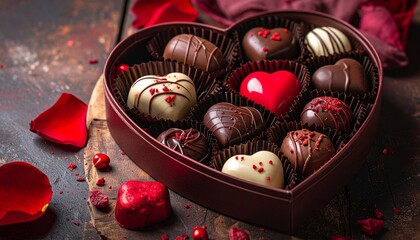 Heart-shaped red box with satin ribbon filled with assorted decorated chocolates on dark surface with red confetti for editorial romantic photography Valentine’s Day gift and celebration-themed visual