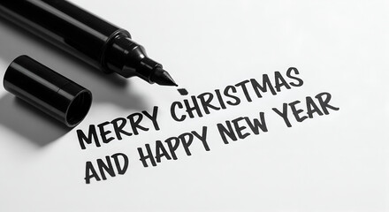 Crafting a personal holiday wish. A close-up of a black marker and a handwritten "Merry Christmas and Happy New Year" message in black and white.