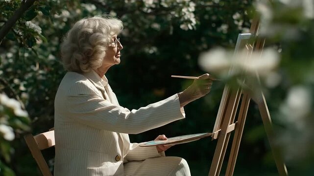 elderly woman painting orchard blossoms on wooden stool bees buzzing sun filtering through petals heritage art three quarter wide angle cinematic color correction gentle