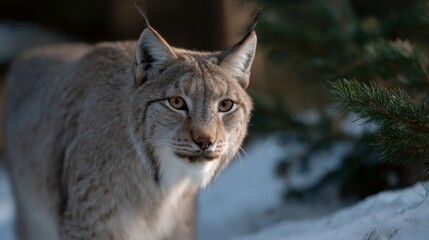 Obraz premium Silent lynx prowls through whispering snowdrifts, echoing Winter Solstice mysteries, embodying nature's enigma and Nordic folklore's silent guardian