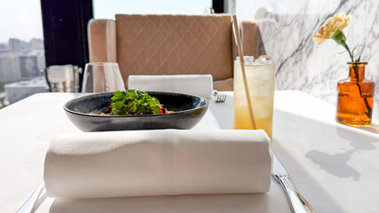 Sunlit gourmet salad with citrus fizz, embodying Hygge comfort and Slow Food movement, urban dining elegance April 5 2025, Barcelona, Spain