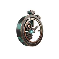 Steampunk stopwatch with gears and glowing blue light, isolated on transparent background