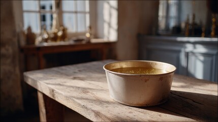 Golden broth glistens in rustic bowl on sunlit wooden table, echoing autumn equinox feasts, rustic kitchen nostalgia