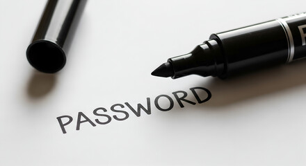 Fototapeta premium Close-up of the word PASSWORD written on white paper with a black marker, symbolizing cybersecurity, login credentials, and data protection.