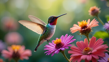 Fototapeta premium A vibrant hummingbird hovers near colorful zinnia flowers in a garden