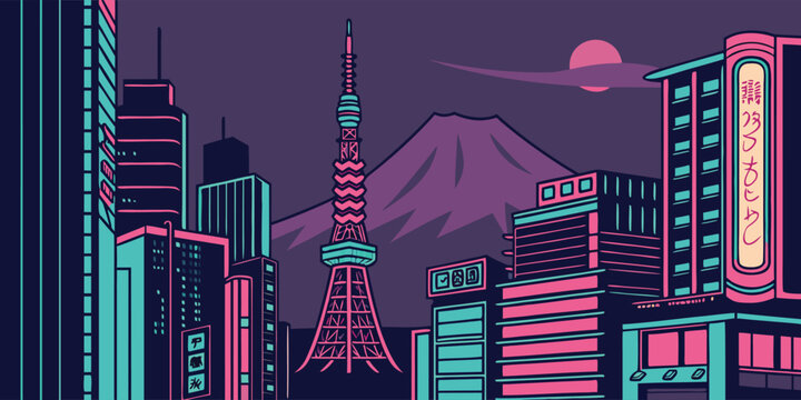 Vector artwork of Tokyo city at night, glowing neon signs on tall buildings, Tokyo Tower visible, with Mount Fuji in the background, cyberpunk inspired color scheme with pink, blue, and purple tones, 