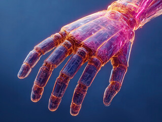 Futuristic robotic hand symbolizing artificial intelligence, with transparent glowing structures showcasing advanced cybernetics.