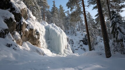 Frozen waterfall cloaked in snow whispers secrets of Winter Solstice, enchanting boreal forest, Nordic frost celebration, polar serenity