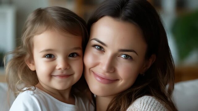 Mother and daughter smiling together at home in a cozy setting