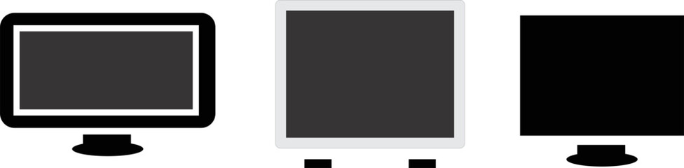 Three different styles of computer monitors displayed side-by-side on a white background , moniter silhouettes