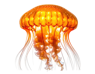 Vibrant, illuminated jellyfish with orange and white colors against a black backdrop