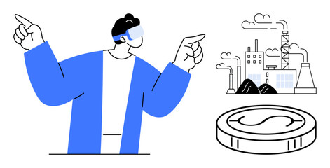 Man wearing VR headset points at industrial buildings and coin, signifying technology, innovation, and economy. Ideal for tech, VR, AI, investment, industry future trends simple flat metaphor