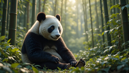 A giant panda sits peacefully in a bamboo forest, enjoying the serenity