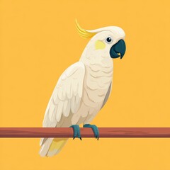 A detailed illustration of a cockatoo perching on a branch against a yellow background. The bird boasts a white plumage, a yellow crest, and a dark beak