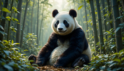 A giant panda sits peacefully in a bamboo forest, surrounded by greenery