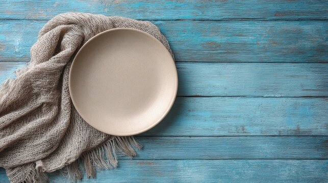 Simple beige plate on draped grey cloth, set on weathered, rustic blue wooden surface - Powered by Adobe
