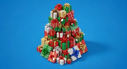 Colorful Christmas Gift Stack Surrounded by Festive Wrapping and Bows