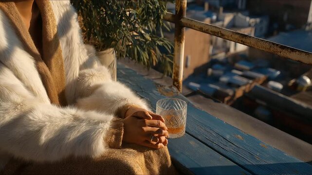 A couple their hands clasped watches the sunset from a rooftop a woolen blanket draped over their shoulders its fibers matted. A metal railing its paint chipped runs along